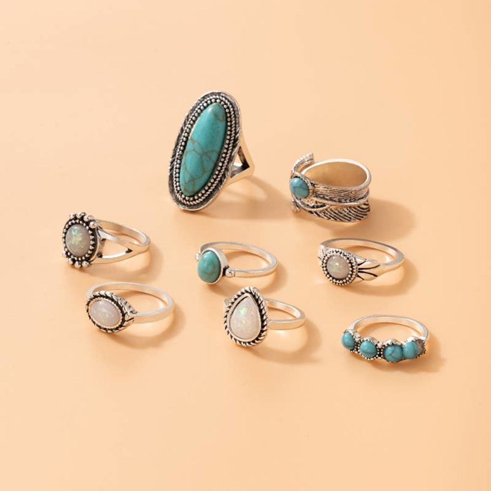 Geometric Ethnic Style Alloy Sausage Turquoise Women Rings 8 Pieces - Picture 4 of 8